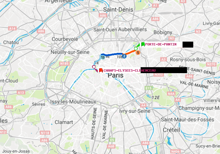plan itinéraire ratp de Porte de Pantin à Champs-Elysées-Clémenceau