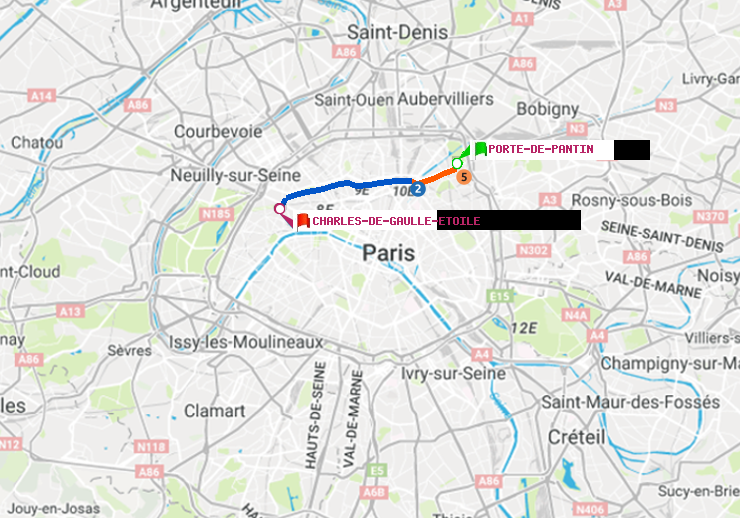 plan itinéraire ratp de Porte de Pantin à Charles de Gaulle-Etoile