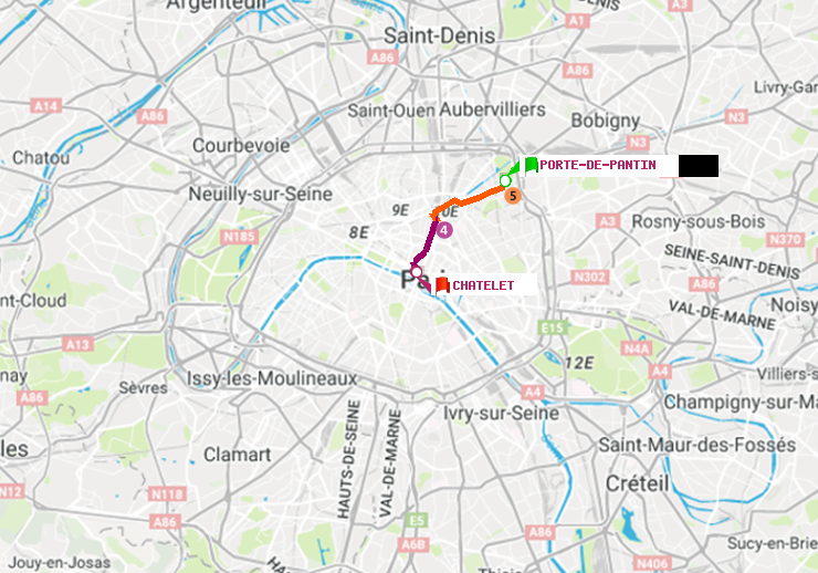 plan itinéraire ratp de Porte de Pantin à Châtelet
