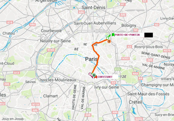 plan itinéraire ratp de Porte de Pantin à Corvisart