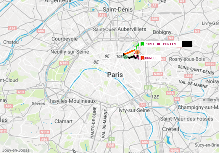 plan itinéraire ratp de Porte de Pantin à Danube