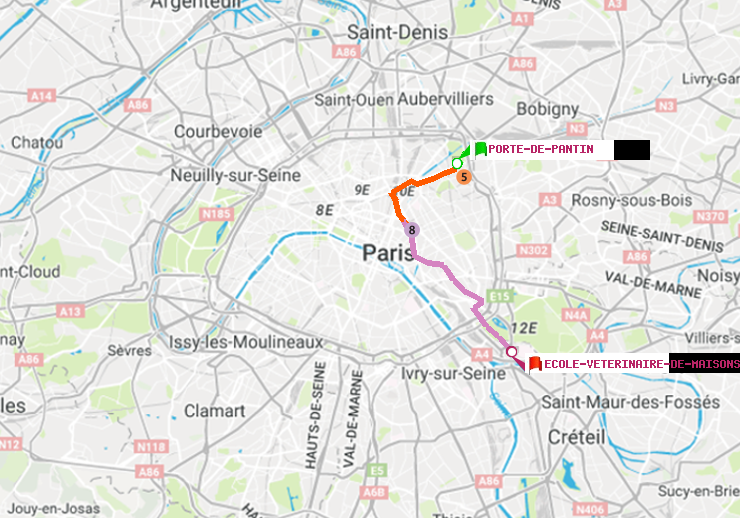 plan itinéraire ratp de Porte de Pantin à Ecole Vétérinaire de Maisons-Alfort