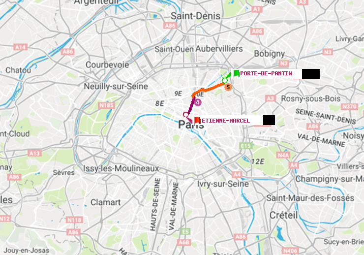 plan itinéraire ratp de Porte de Pantin à Etienne Marcel