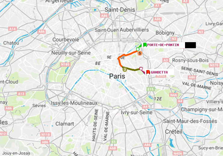 plan itinéraire ratp de Porte de Pantin à Gambetta