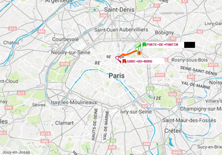 plan itinéraire ratp de Porte de Pantin à Gare du Nord