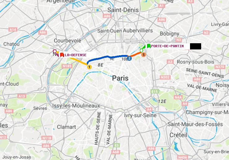 plan itinéraire ratp de Porte de Pantin à La Défense (Grande Arche)