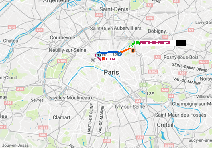 plan itinéraire ratp de Porte de Pantin à Liège