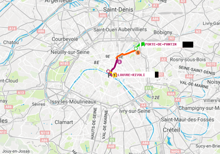 plan itinéraire ratp de Porte de Pantin à Louvre-Rivoli