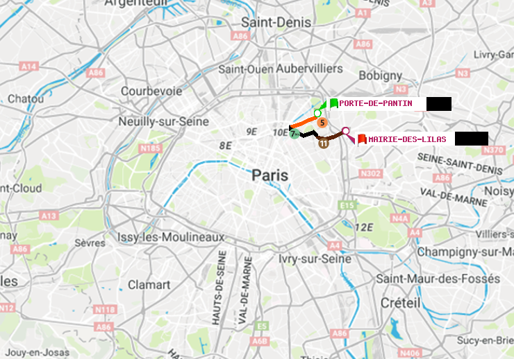 plan itinéraire ratp de Porte de Pantin à Mairie des Lilas