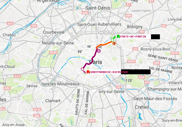 plan itinéraire ratp de Porte de Pantin à Montparnasse-Bienvenue