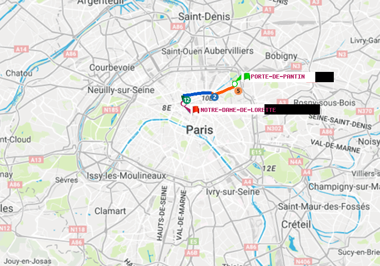 plan itinéraire ratp de Porte de Pantin à Notre-Dame de Lorette