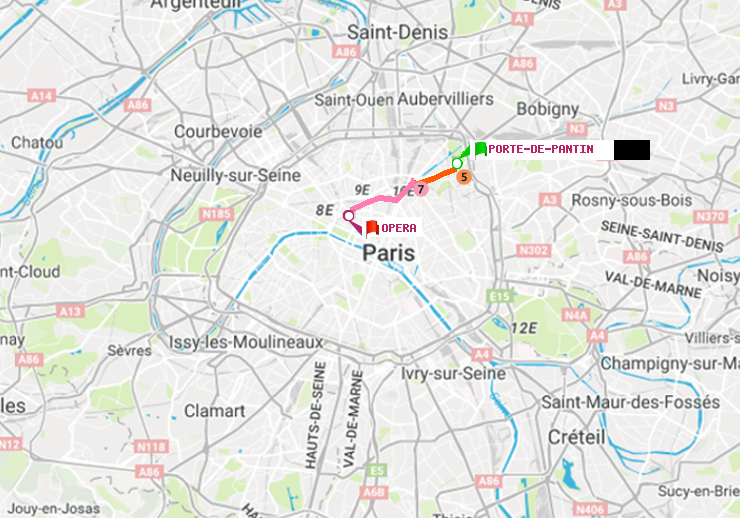 plan itinéraire ratp de Porte de Pantin à Opéra