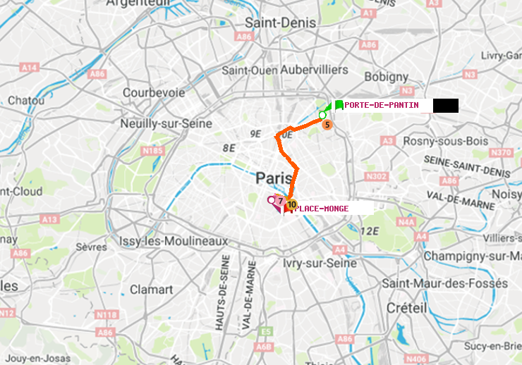 plan itinéraire ratp de Porte de Pantin à Place Monge (Jardin des Plantes)