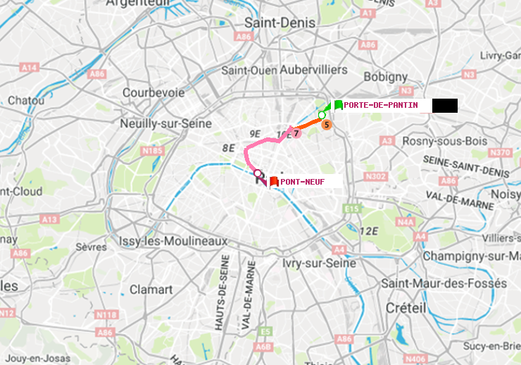 plan itinéraire ratp de Porte de Pantin à Pont Neuf