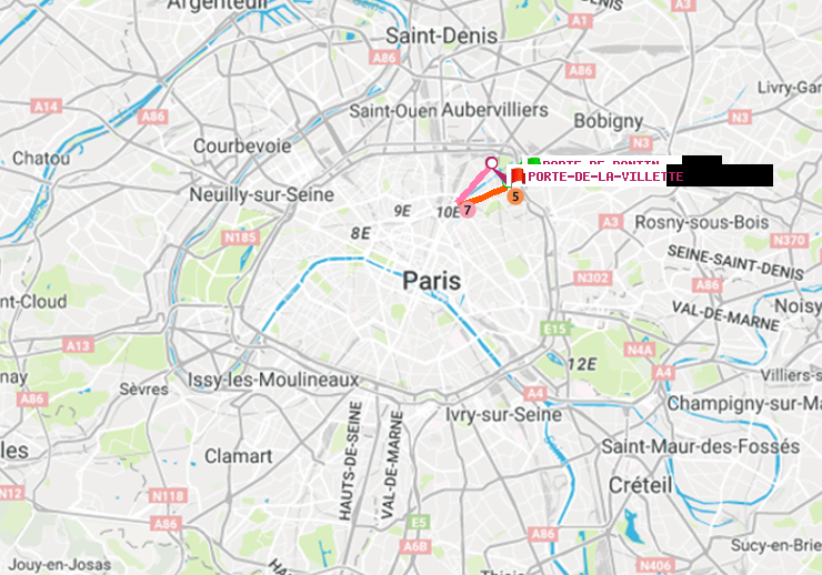 plan itinéraire ratp de Porte de Pantin à Porte de la Villette