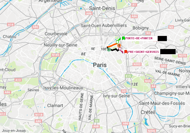 plan itinéraire ratp de Porte de Pantin à Pré-Saint-Gervais