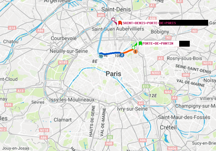plan itinéraire ratp de Porte de Pantin à Saint-Denis-Porte de Paris