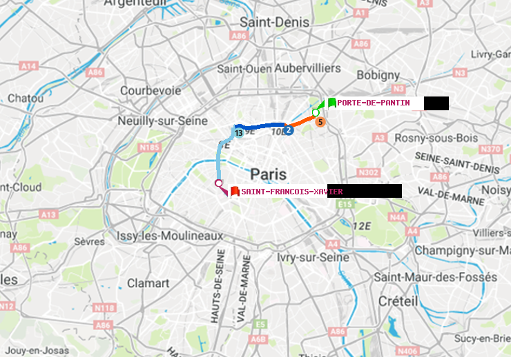 plan itinéraire ratp de Porte de Pantin à Saint-Francois-Xavier