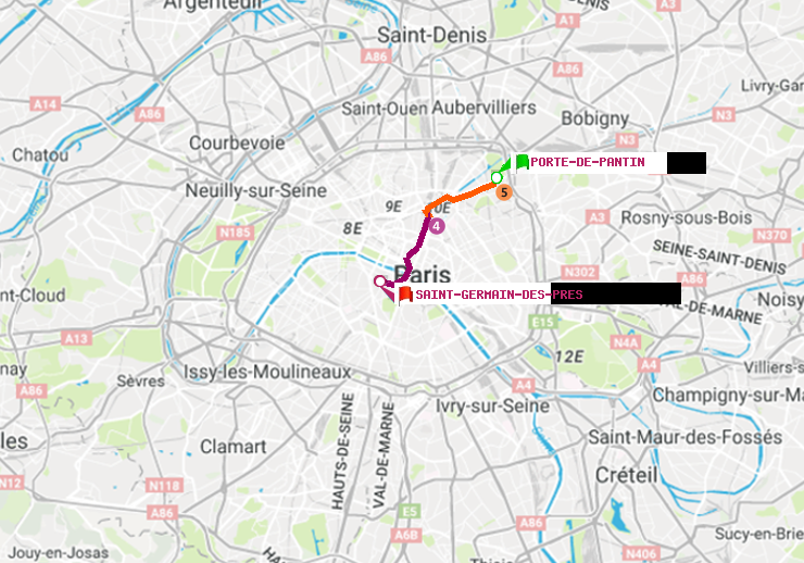 plan itinéraire ratp de Porte de Pantin à Saint-Germain des Prés