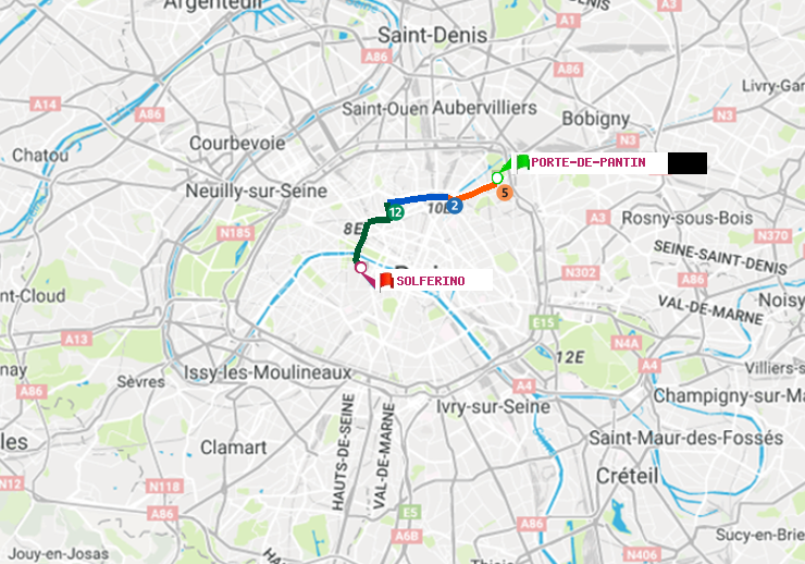 plan itinéraire ratp de Porte de Pantin à Solférino