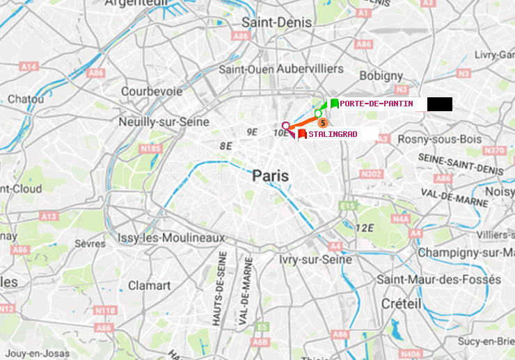 plan itinéraire ratp de Porte de Pantin à Stalingrad