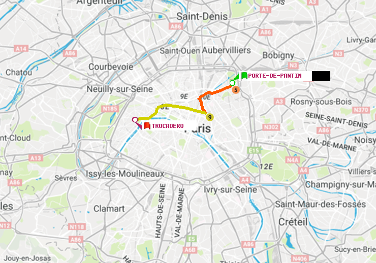plan itinéraire ratp de Porte de Pantin à Trocadéro