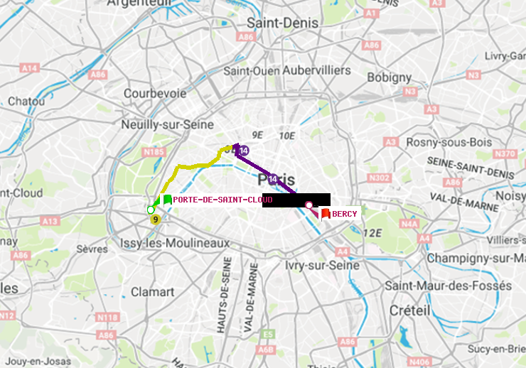 plan itinéraire ratp de Porte de Saint-Cloud à Bercy