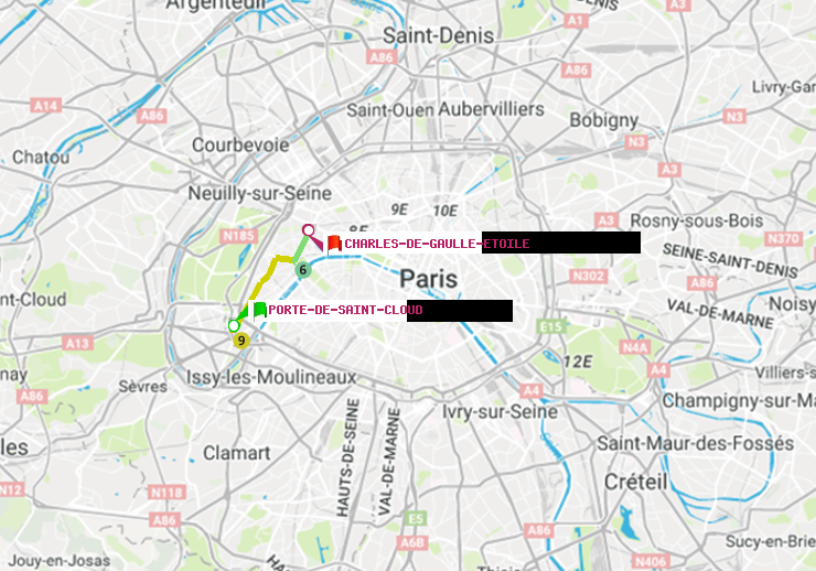 plan itinéraire ratp de Porte de Saint-Cloud à Charles de Gaulle-Etoile