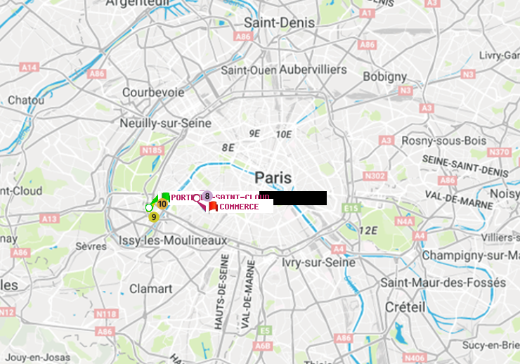 plan itinéraire ratp de Porte de Saint-Cloud à Commerce