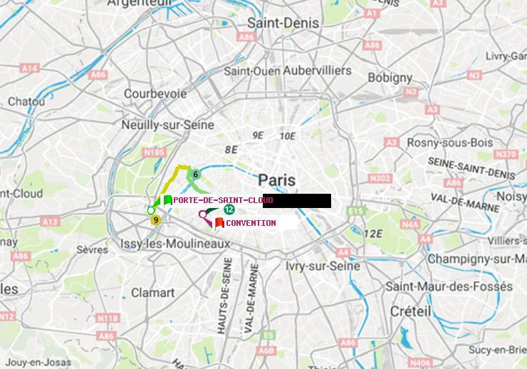 plan itinéraire ratp de Porte de Saint-Cloud à Convention