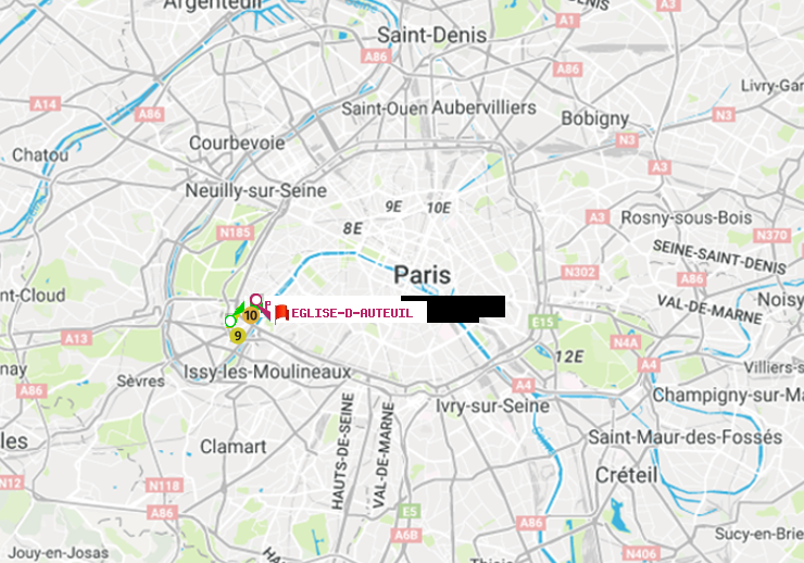 plan itinéraire ratp de Porte de Saint-Cloud à Eglise d