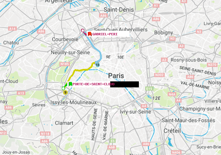 plan itinéraire ratp de Porte de Saint-Cloud à Gabriel-Péri