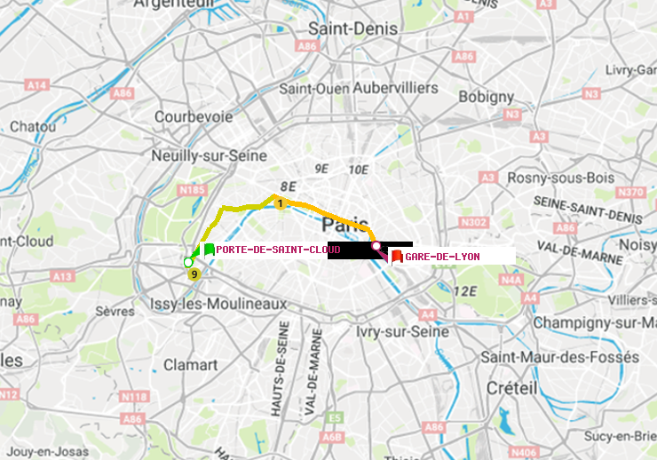 plan itinéraire ratp de Porte de Saint-Cloud à Gare de Lyon