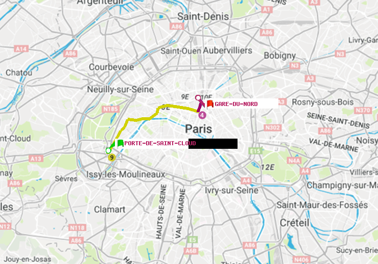 plan itinéraire ratp de Porte de Saint-Cloud à Gare du Nord