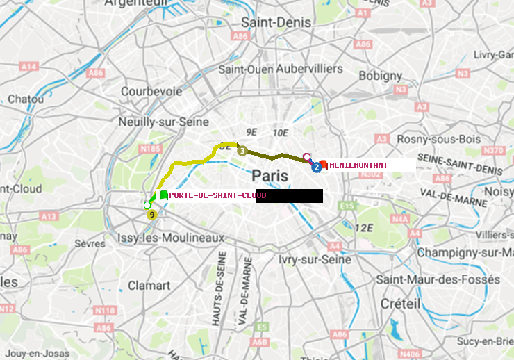 plan itinéraire ratp de Porte de Saint-Cloud à Ménilmontant