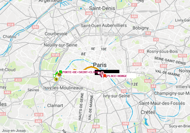 plan itinéraire ratp de Porte de Saint-Cloud à Place Monge (Jardin des Plantes)