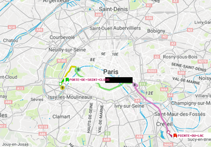 plan itinéraire ratp de Porte de Saint-Cloud à Pointe du Lac