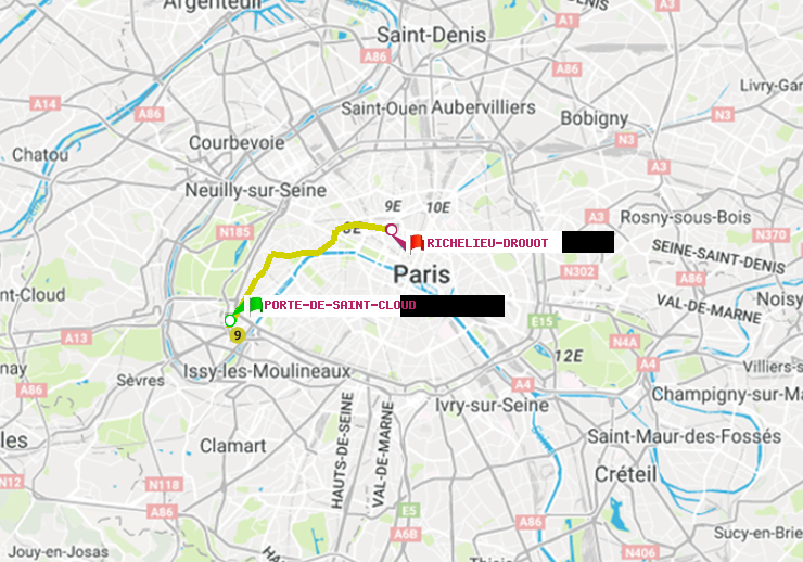 plan itinéraire ratp de Porte de Saint-Cloud à Richelieu-Drouot