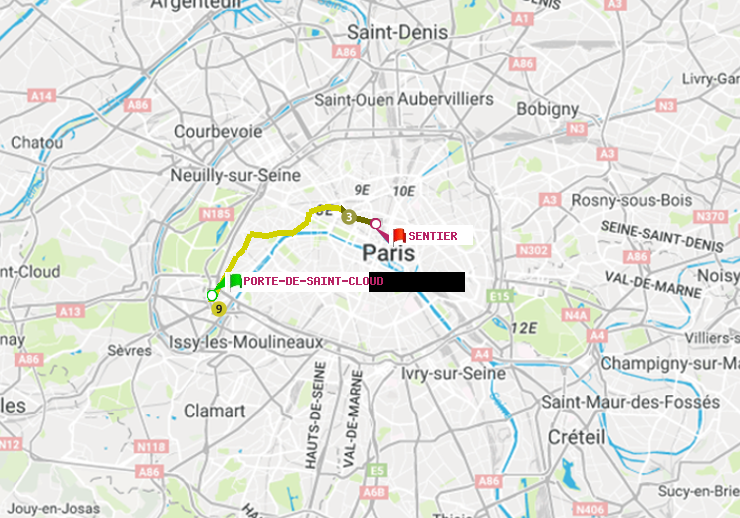 plan itinéraire ratp de Porte de Saint-Cloud à Sentier