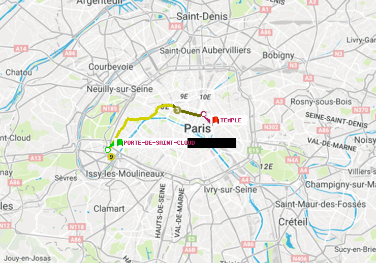 plan itinéraire ratp de Porte de Saint-Cloud à Temple