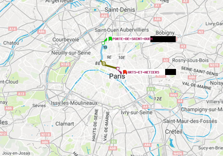 plan itinéraire ratp de Porte de Saint-Ouen à Arts-et-Métiers