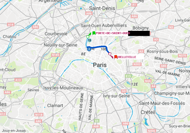 plan itinéraire ratp de Porte de Saint-Ouen à Belleville
