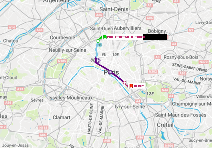 plan itinéraire ratp de Porte de Saint-Ouen à Bercy