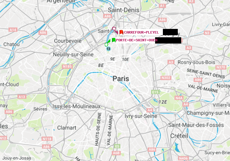 plan itinéraire ratp de Porte de Saint-Ouen à Carrefour-Pleyel