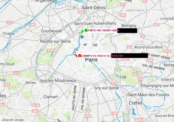 plan itinéraire ratp de Porte de Saint-Ouen à Champs-Elysées-Clémenceau