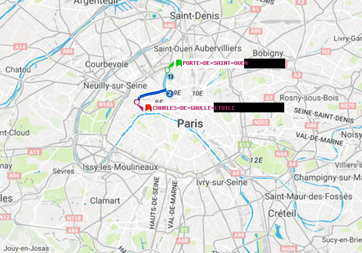 plan itinéraire ratp de Porte de Saint-Ouen à Charles de Gaulle-Etoile