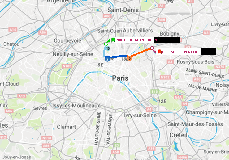 plan itinéraire ratp de Porte de Saint-Ouen à Eglise de Pantin