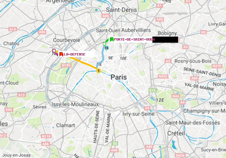 plan itinéraire ratp de Porte de Saint-Ouen à La Défense (Grande Arche)