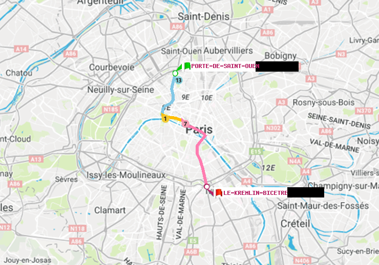 plan itinéraire ratp de Porte de Saint-Ouen à Le Kremlin-Bicêtre