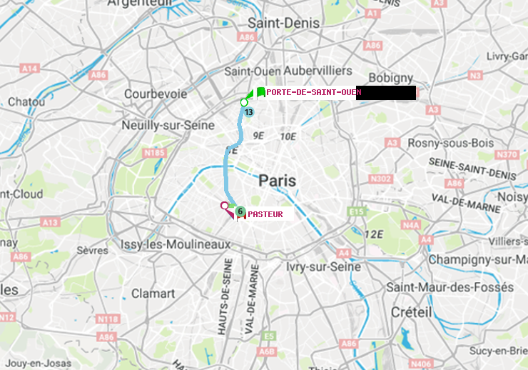 plan itinéraire ratp de Porte de Saint-Ouen à Pasteur